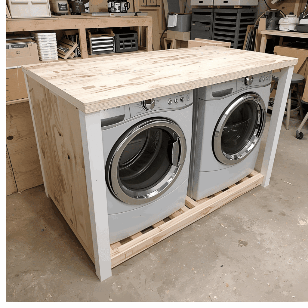 Plywood sheet screwed onto the top of washer and dryer pedestal frame.