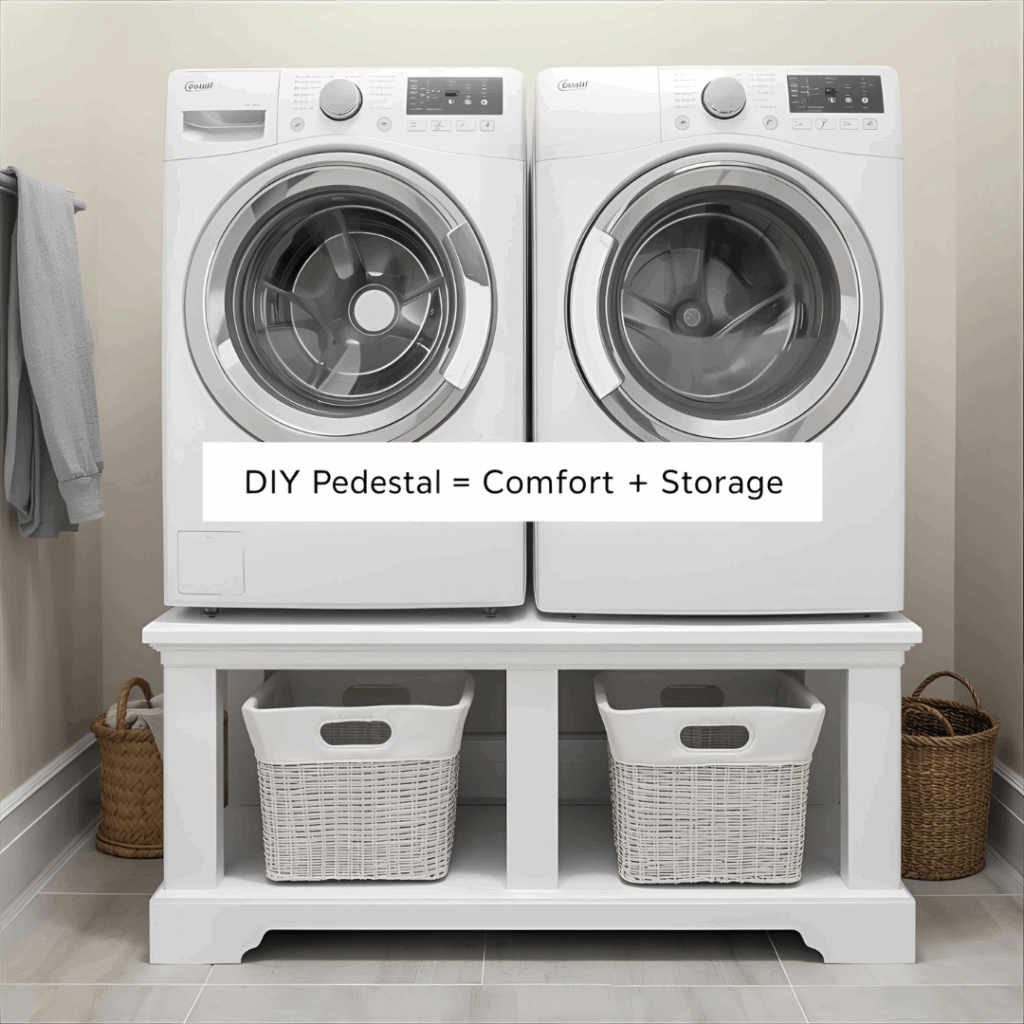 DIY washer and dryer pedestal painted white with storage baskets underneath in laundry room