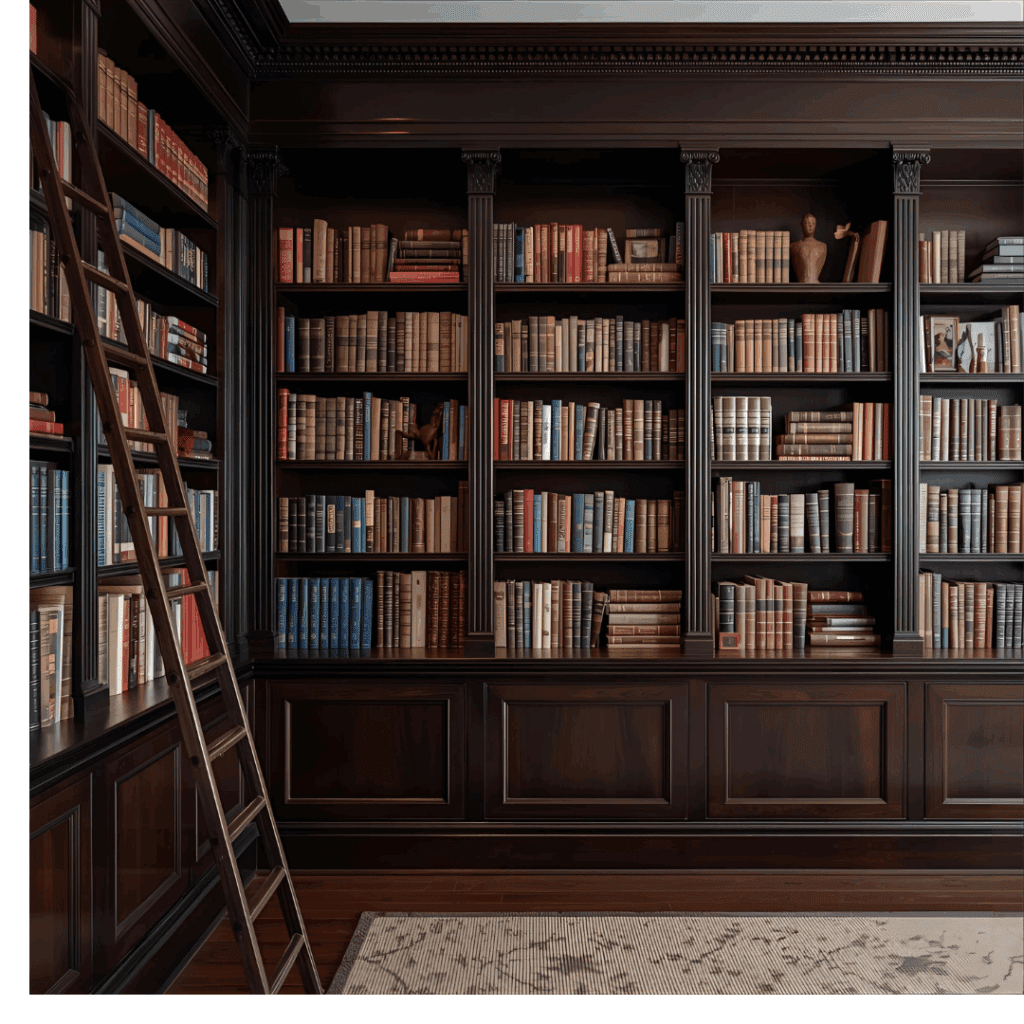 Classic library wall with rolling ladder and dark wood built in bookshelves