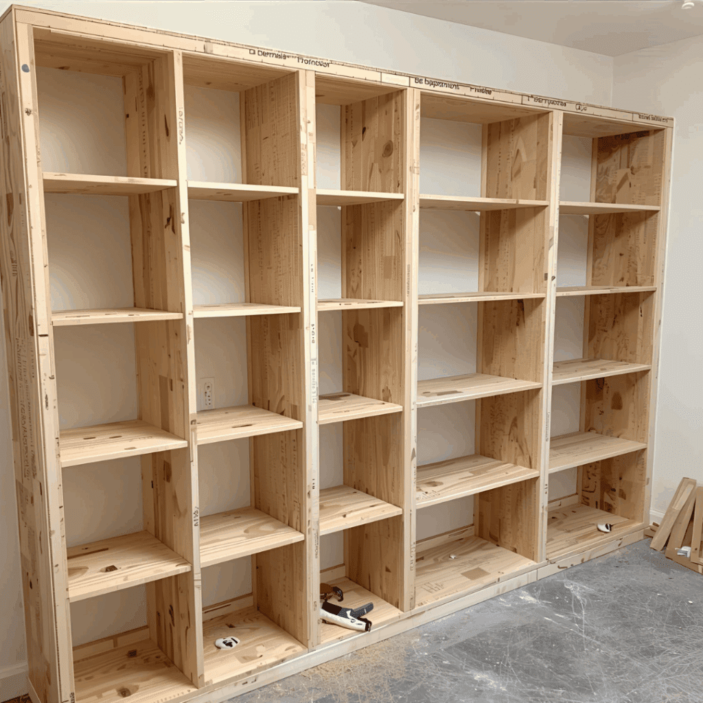 Plywood box frames being assembled for built in bookshelves project