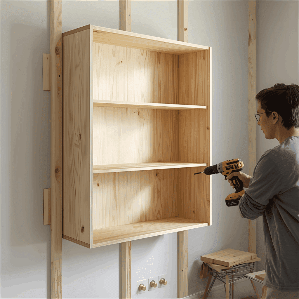 DIY built in bookshelf box secured to wall studs with drill