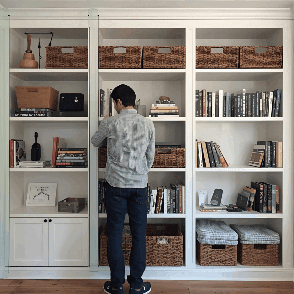 DIYer measuring spacing for built in bookshelves with books and basket for reference