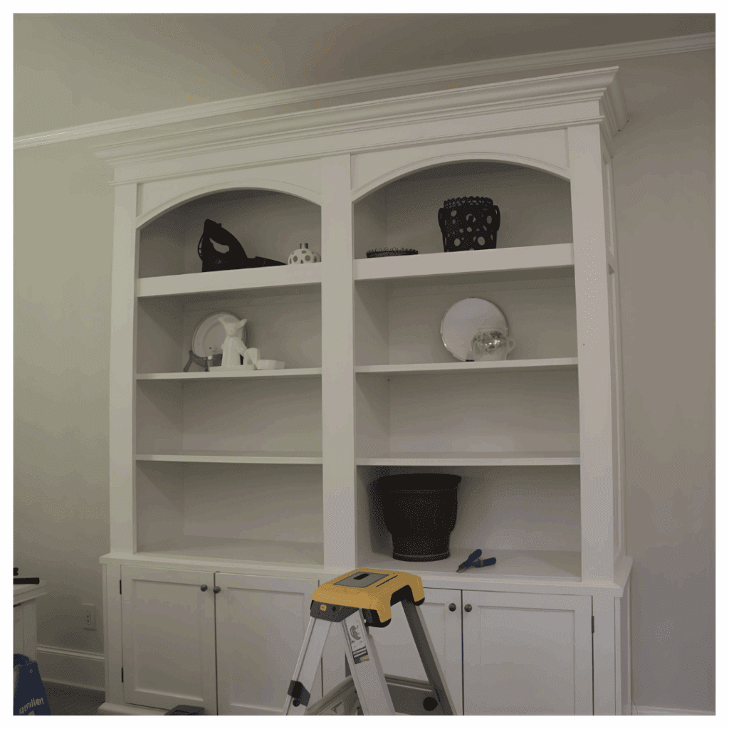 Installing crown molding on DIY built in bookshelves for a finished look
