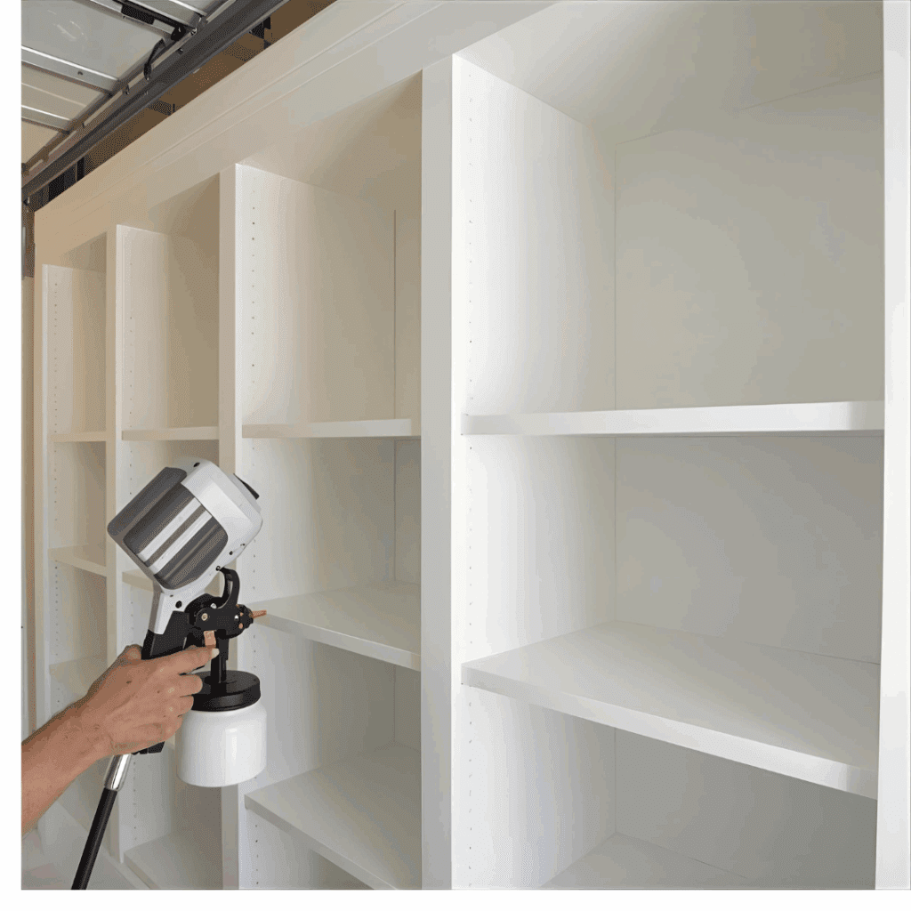 Using paint sprayer to finish DIY built in bookshelves with smooth white coat”