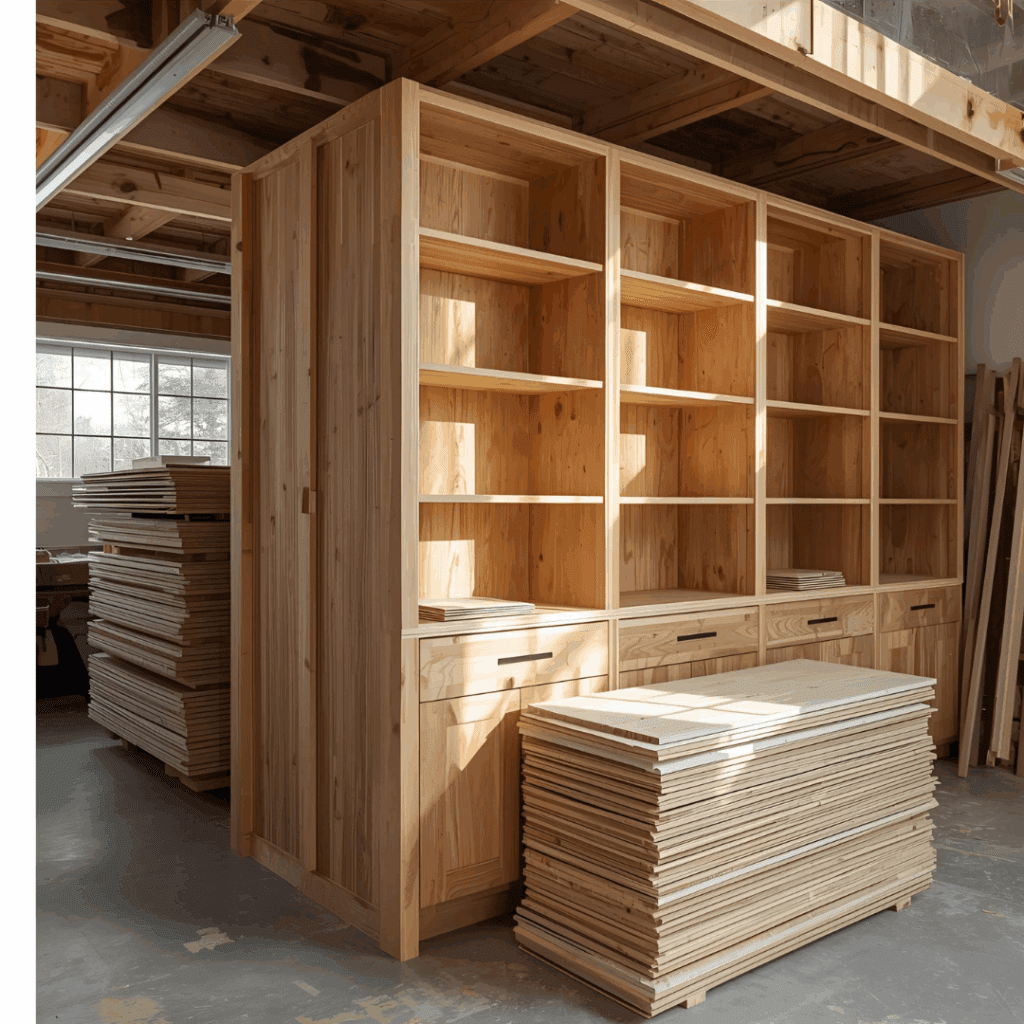 Plywood sheets, poplar boards, and trim materials stacked for built in bookshelves project