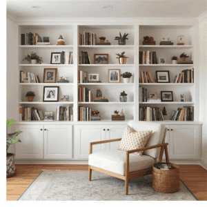 Finished DIY built in bookshelves styled with books, plants, and home decor in a bright living room