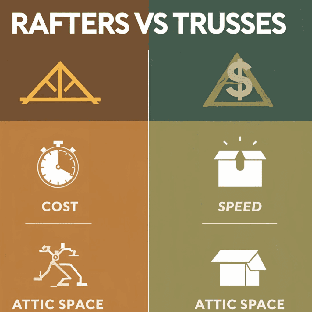 Visual chart comparing truss vs rafter features like cost, speed, and attic space