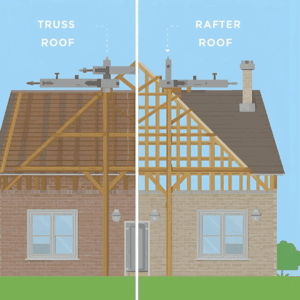 Illustration comparing truss vs rafter roof framing side by side