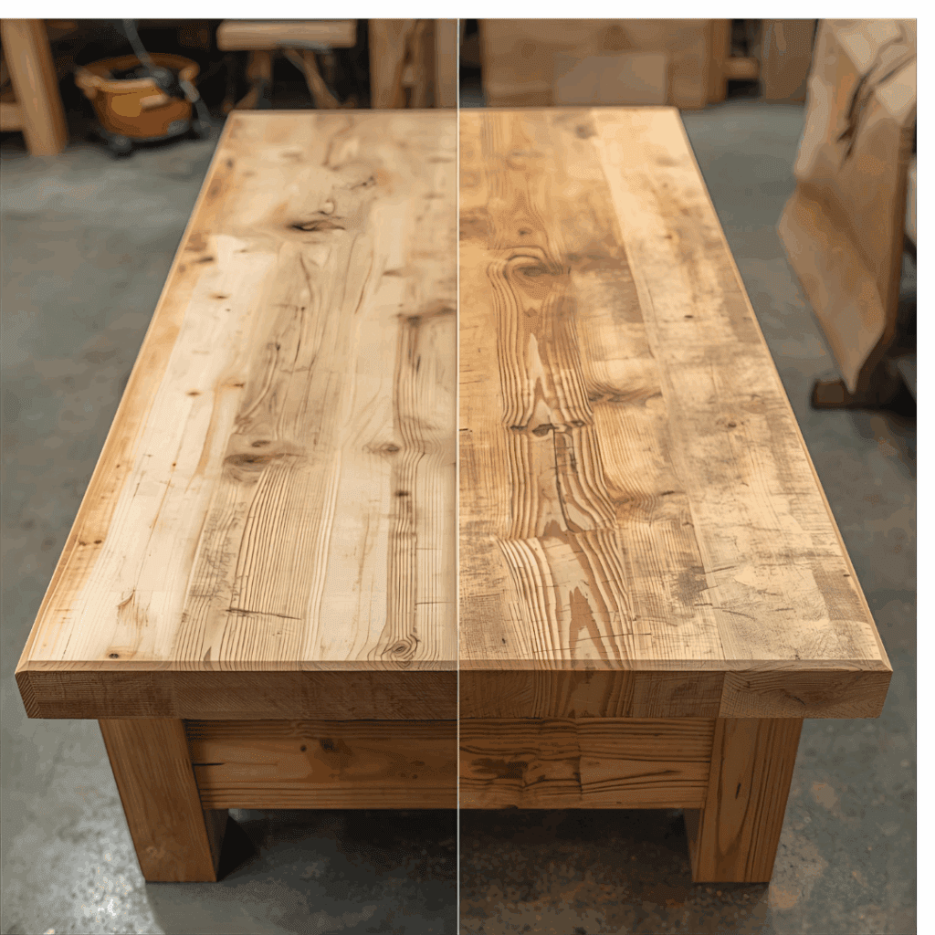 Comparison of a freshly built pine bench and the same bench cracked after drying issues