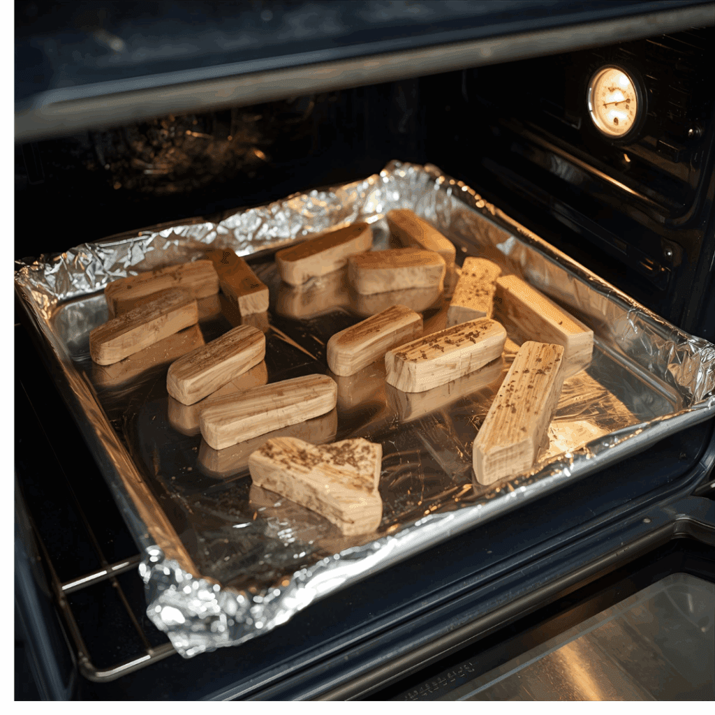 Wood blanks drying in a kitchen oven at low heat with foil tray and thermometer.