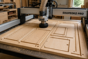 CNC router cutting cabinet panels from plywood sheet in workshop