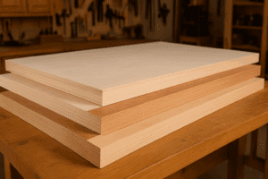 Stack of cabinet-grade birch and maple plywood sheets on a wooden workbench in a bright workshop.