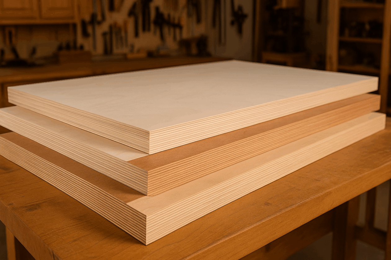 Stack of cabinet-grade birch and maple plywood sheets on a wooden workbench in a bright workshop.
