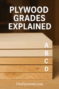 Stack of A-, B-, C-, and D-grade plywood sheets showing clear differences in smoothness, grain, and color, photographed in a warm workshop setting.