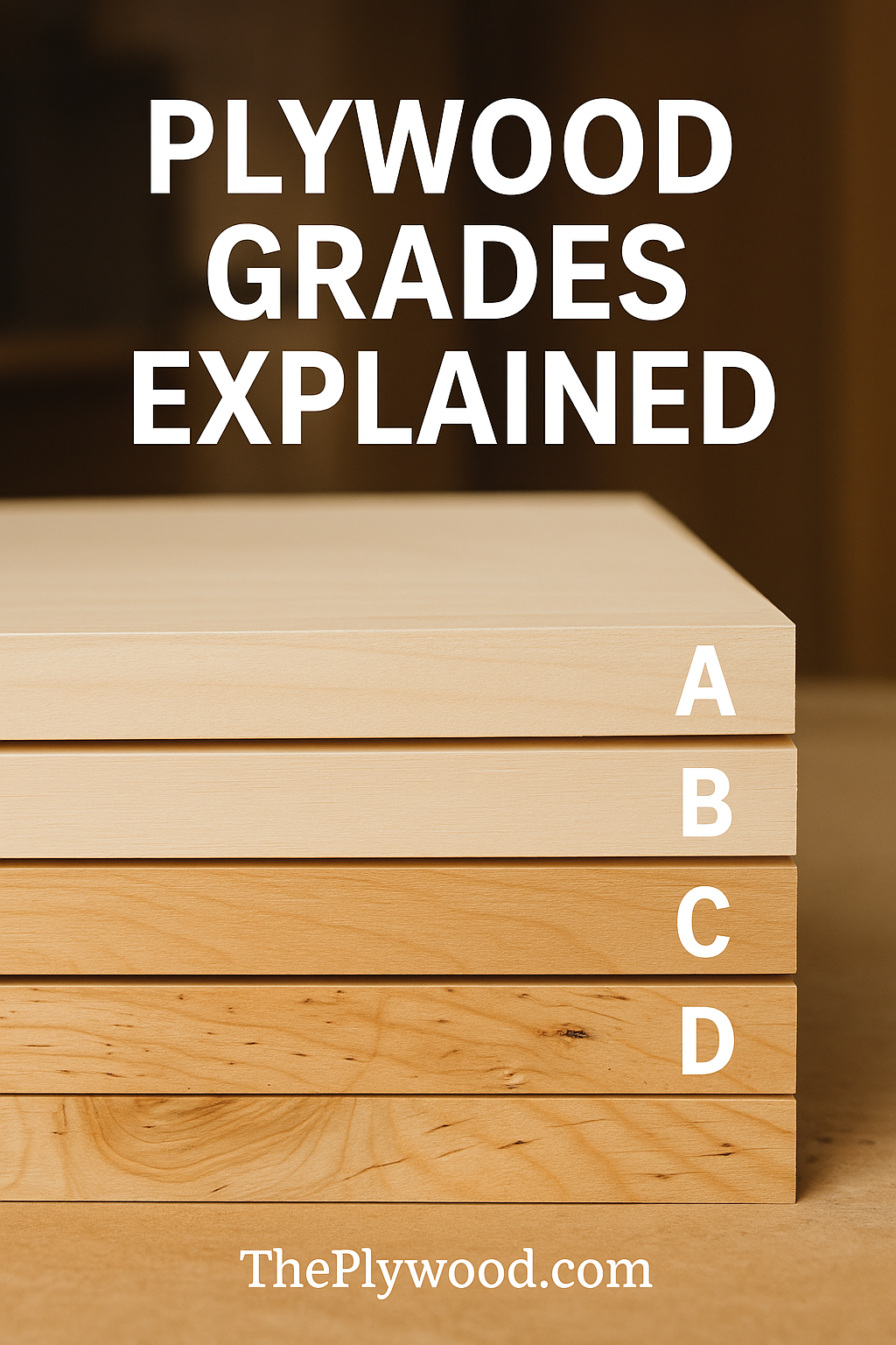 Stack of A-, B-, C-, and D-grade plywood sheets showing clear differences in smoothness, grain, and color, photographed in a warm workshop setting.