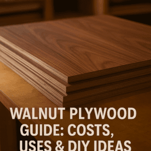 Stack of walnut plywood boards showing rich brown color and grain pattern in a workshop