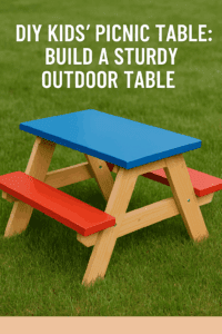 “DIY kids’ picnic table with blue top and red seats on a green lawn, step-by-step woodworking project.”