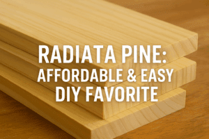 Smooth Radiata Pine boards stacked neatly on a woodworking bench in warm natural light with subtle text overlay.