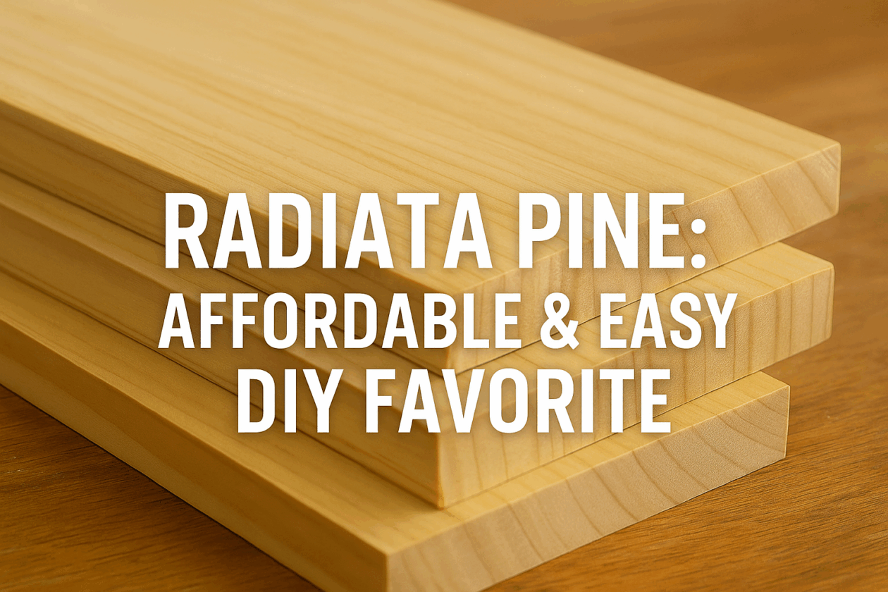 Smooth Radiata Pine boards stacked neatly on a woodworking bench in warm natural light with subtle text overlay.