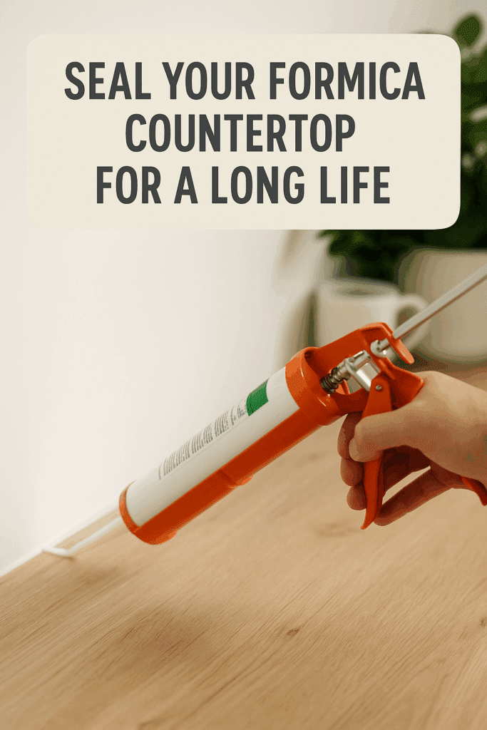 Applying clear silicone sealant along Formica countertop backsplash seam