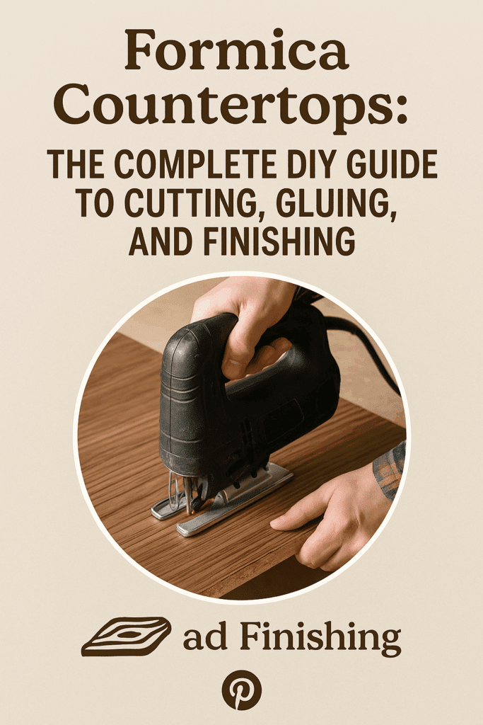 Finished Formica countertop with backsplash and coffee setup in natural light