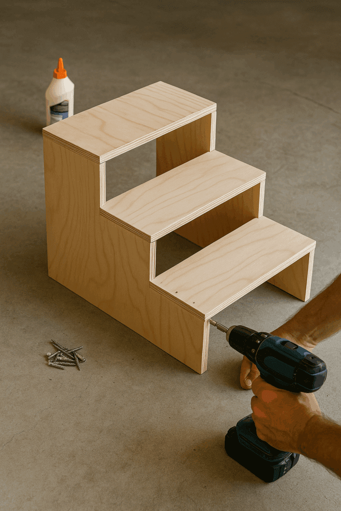 Assembling dog stair frame with drill, screws, and wood glue on garage floor.