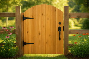 Handcrafted cedar garden gate with black iron hinges and latch, framed by wooden posts and surrounded by colorful flowers in sunlight