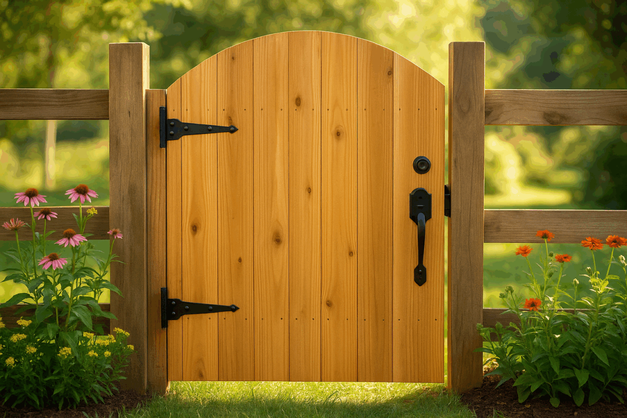 Handcrafted cedar garden gate with black iron hinges and latch, framed by wooden posts and surrounded by colorful flowers in sunlight
