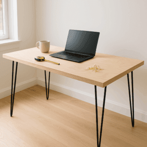 DIY plywood desk made from birch plywood with black hairpin legs, laptop and coffee mug on top in a bright modern home office.
