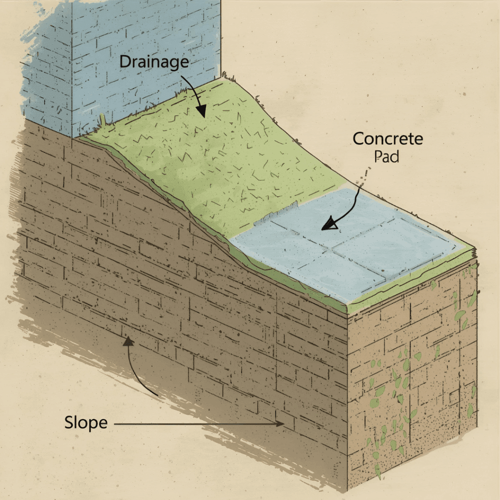“excavated area and foundation exposed for walkout basement entryway construction”
