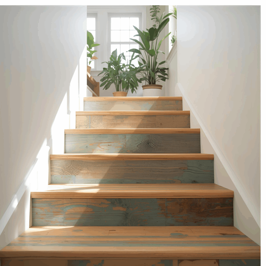 Homemade dog stairs built from reclaimed plywood beside a potted plant
