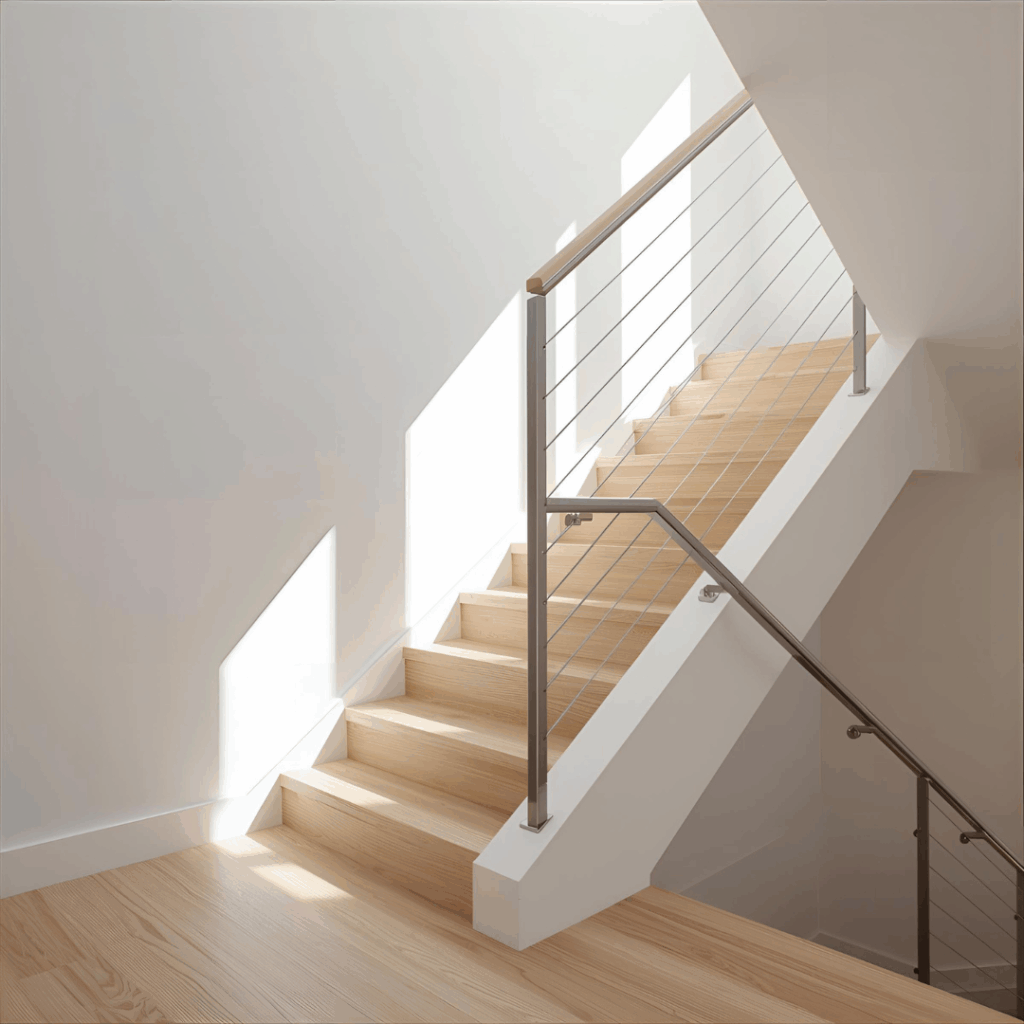 Sleek modern stair handrail with stainless-steel cables and wood treads