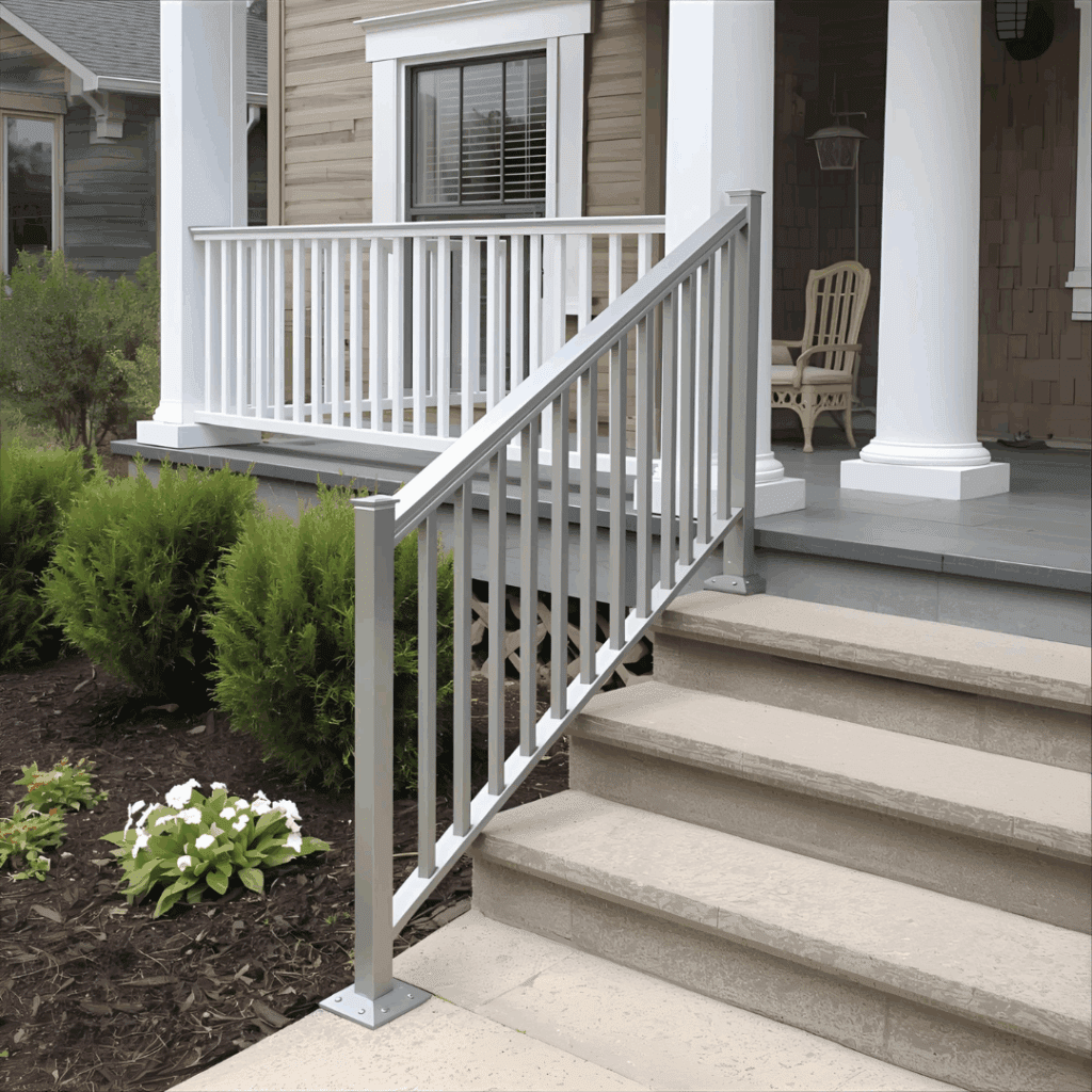 “Aluminum outdoor stair handrail installed on a front porch with brick steps."