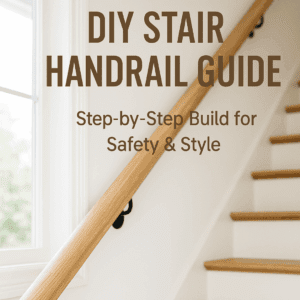 “DIY stair handrail installation on oak staircase with modern black metal brackets and white walls