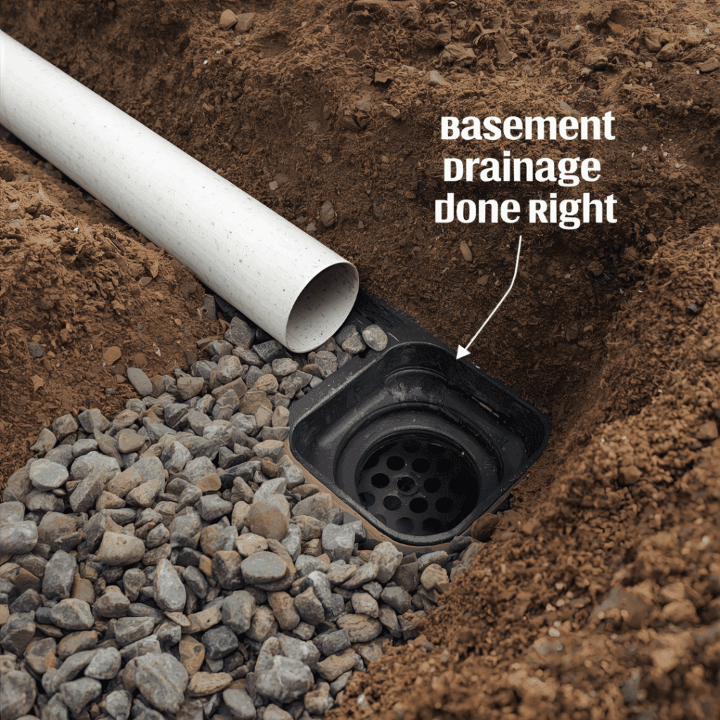 “french drain and sump pump system installed near walkout basement door”