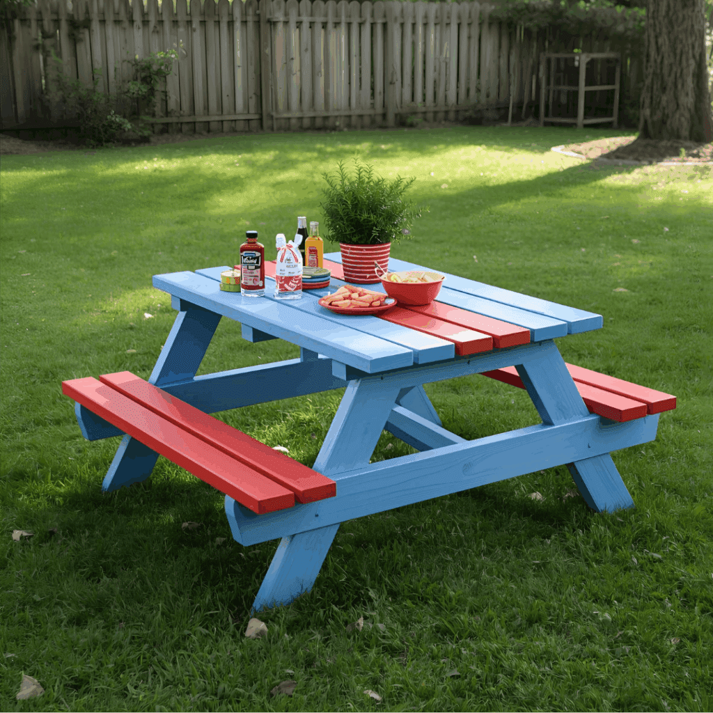 Finished DIY kids picnic table made of cedar wood with colorful paint in a sunny backyard