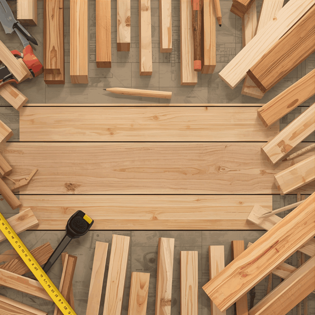 DIY woodworking tools including circular saw, drill, tape measure, and clamps on a workbench