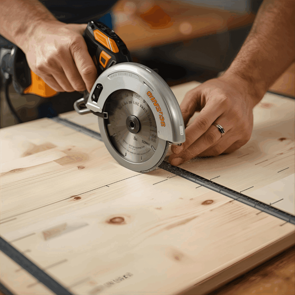 Person measuring and cutting plywood and 2x4s with a circular saw for a picnic table project
