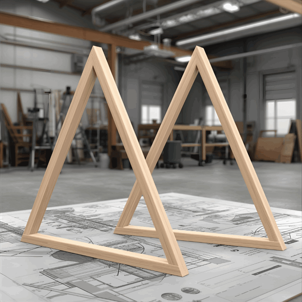 Two wooden A-frame leg structures assembled on the garage floor for a kids picnic table.”