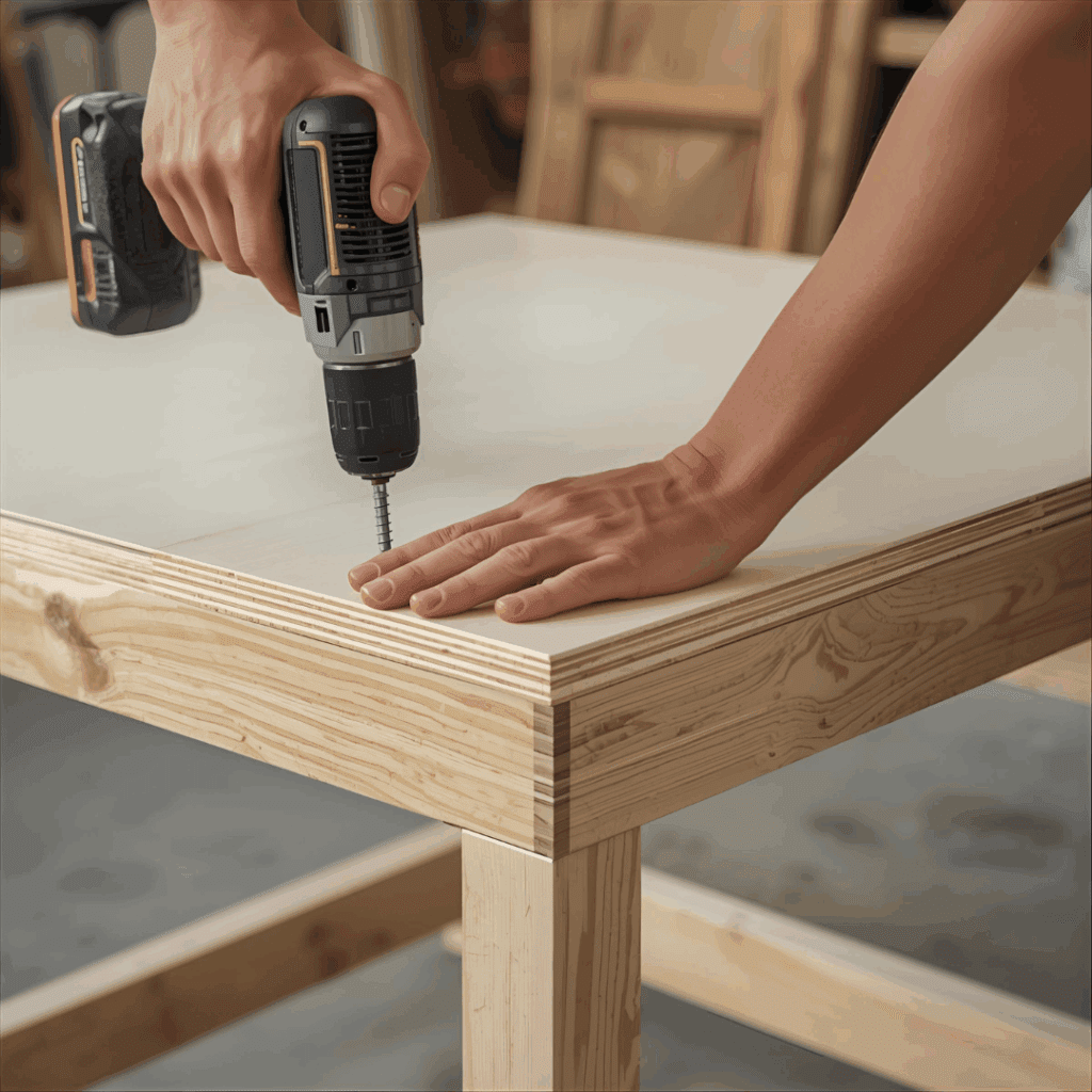 “DIY kids picnic table during assembly with plywood seats and tabletop being screwed into place.”