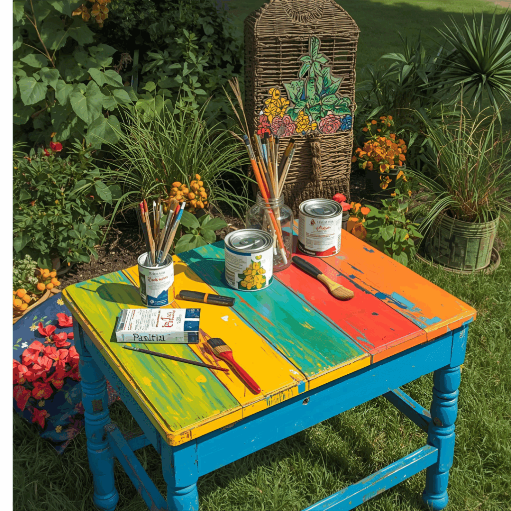 DIY kids picnic table painted with bright red seats and blue tabletop in a sunny backyard.