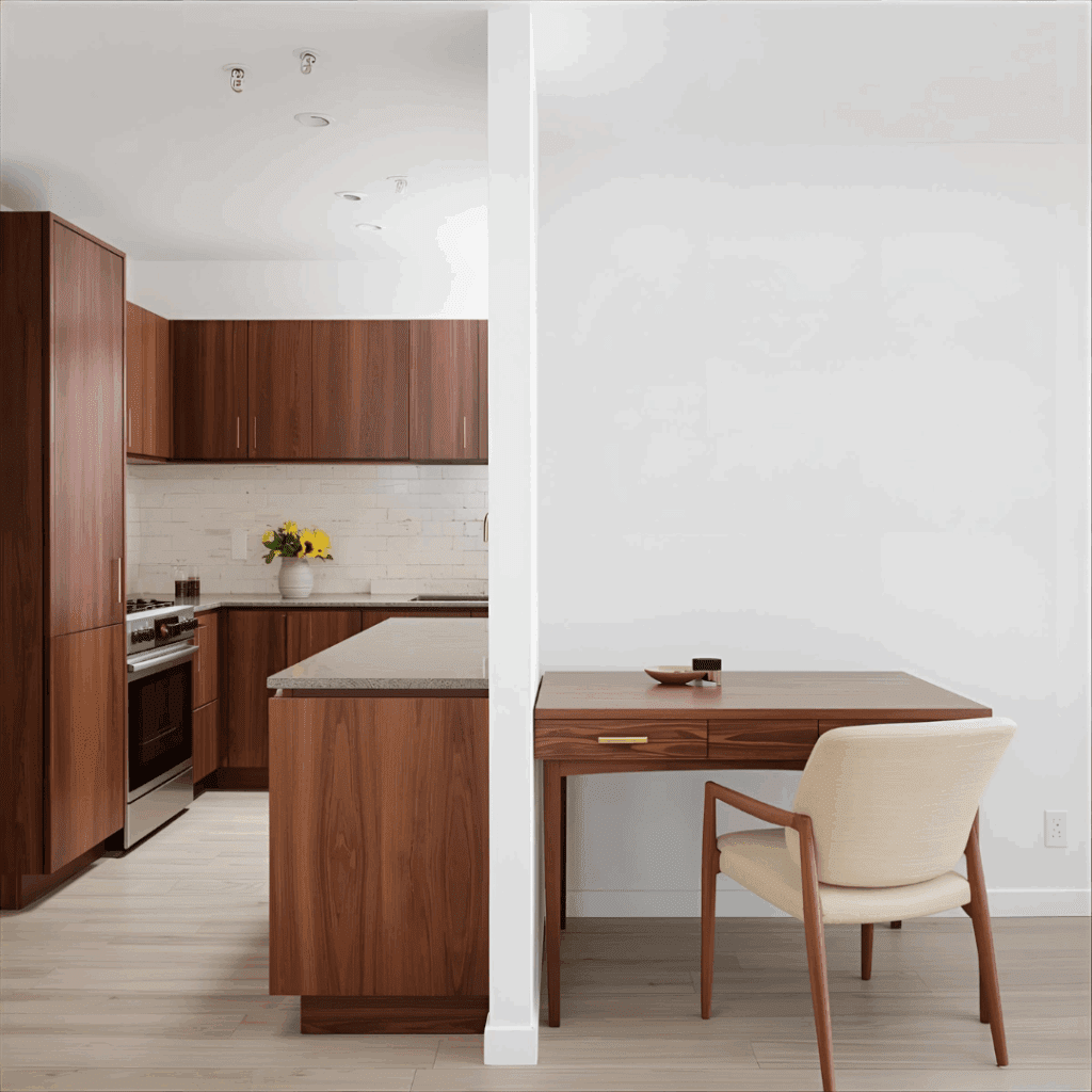Modern kitchen cabinets and shelves built from walnut plywood