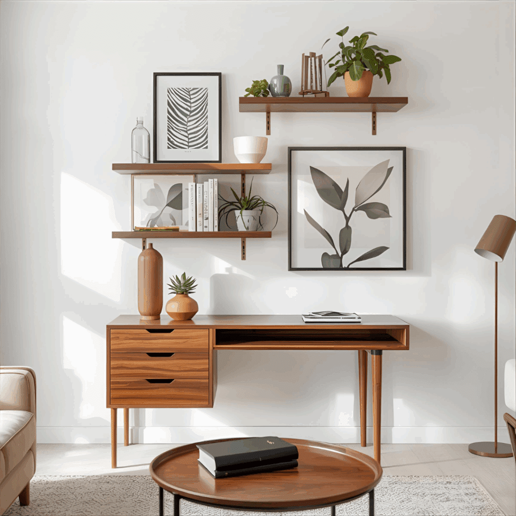 “Floating shelves and a mid-century style coffee table made from walnut plywood.”