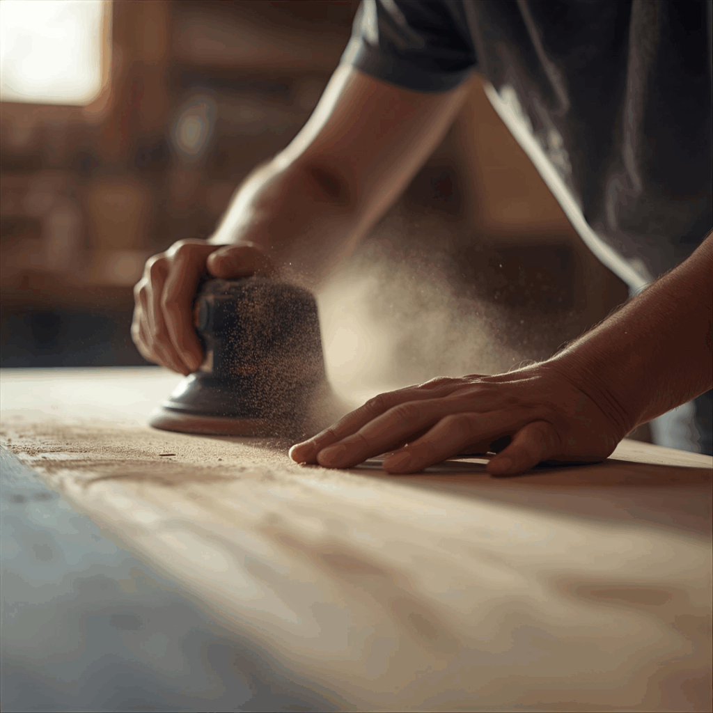Craftsman sanding tabletop with fine grit sandpaper in direction of grain