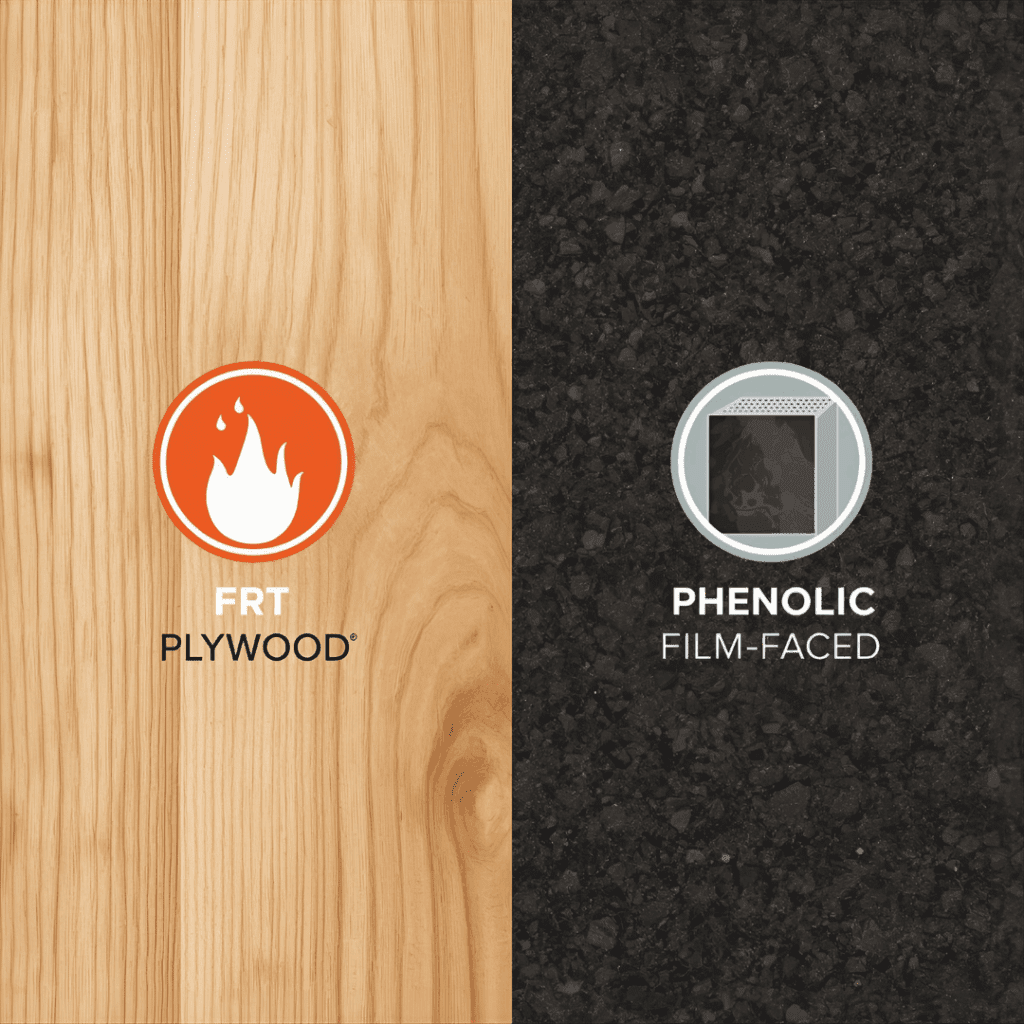 Comparison chart of FRT and phenolic plywood types and best uses