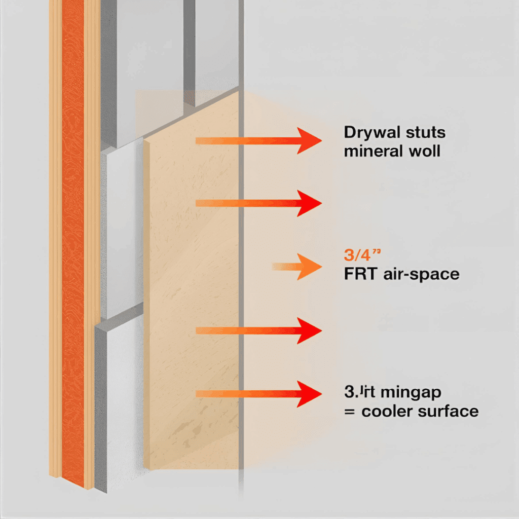 Diagram showing air gap, mineral wool, and heat-resistant plywood wall assembly