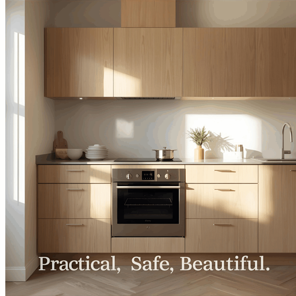 Modern kitchen with heat-resistant plywood side panels beside a gas range