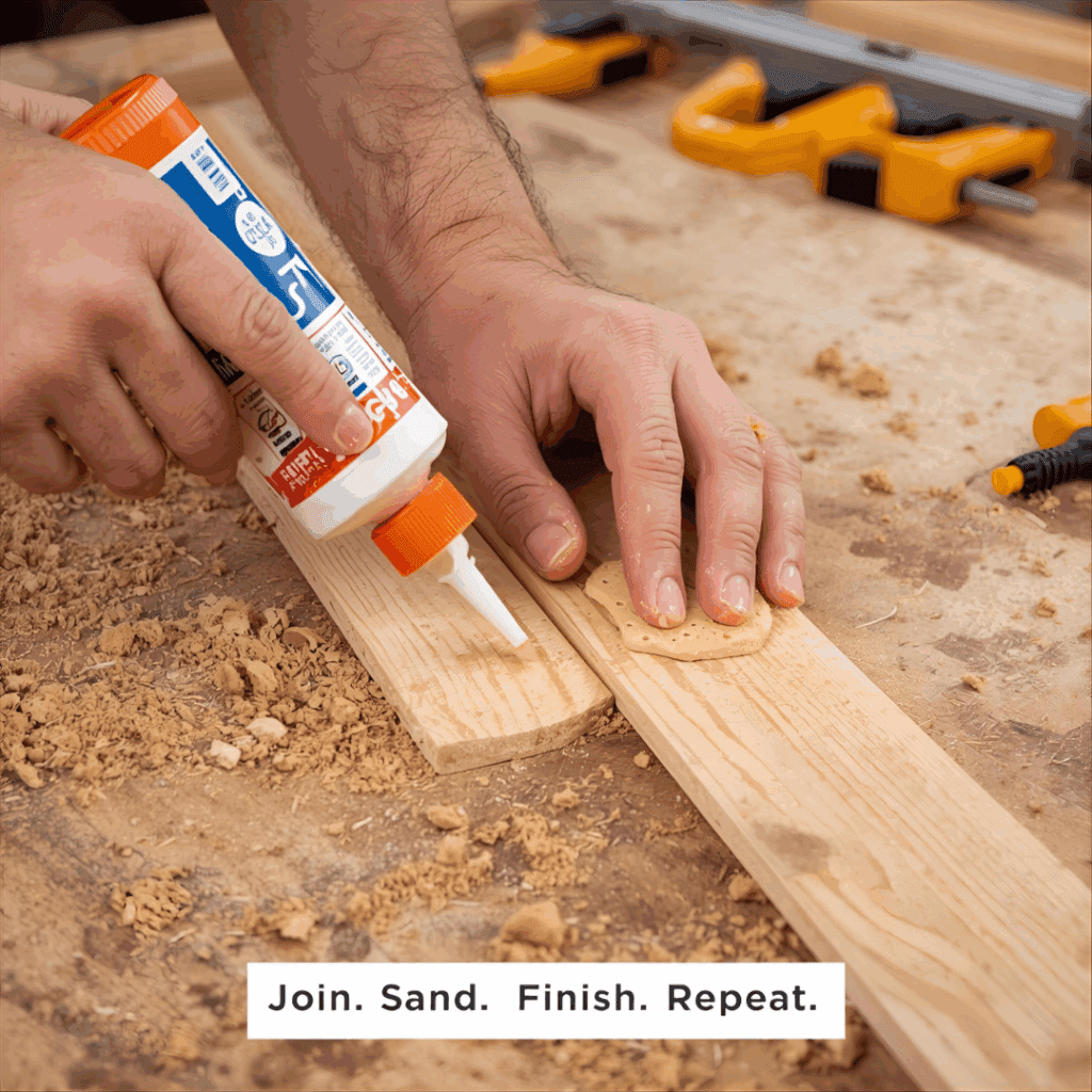 Joining plywood panels with glue and clamps to create shuffleboard playing surface