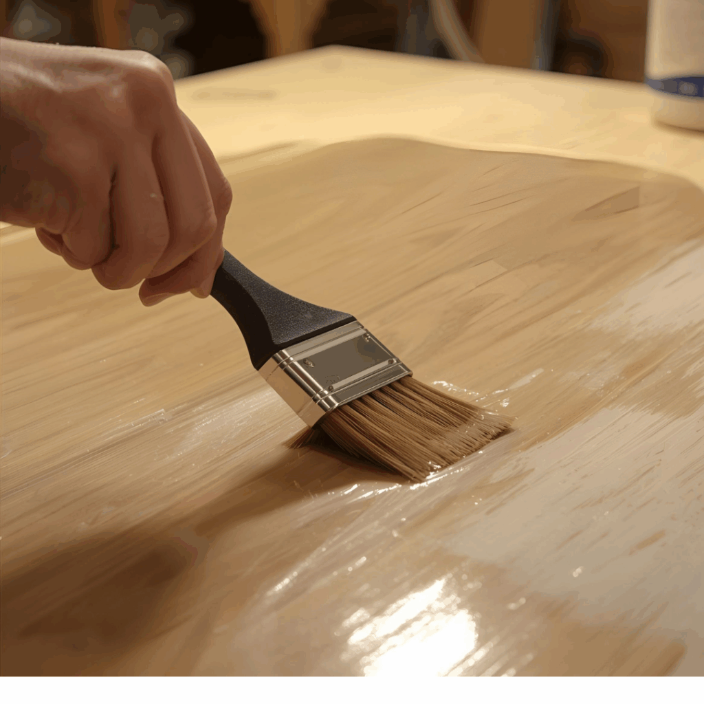 Applying satin polyurethane on a plywood shuffleboard surface for a glossy finish.