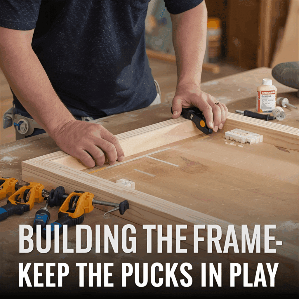 “Attaching outer frame to shuffleboard table using 1x6 boards and clamps.”